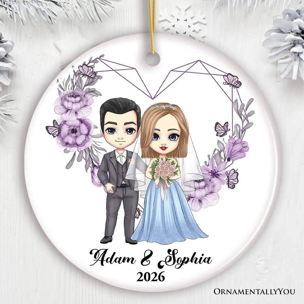 Adorable Customized Married Couple Gift Christmas Ornament, Cartoon Bride and Groom