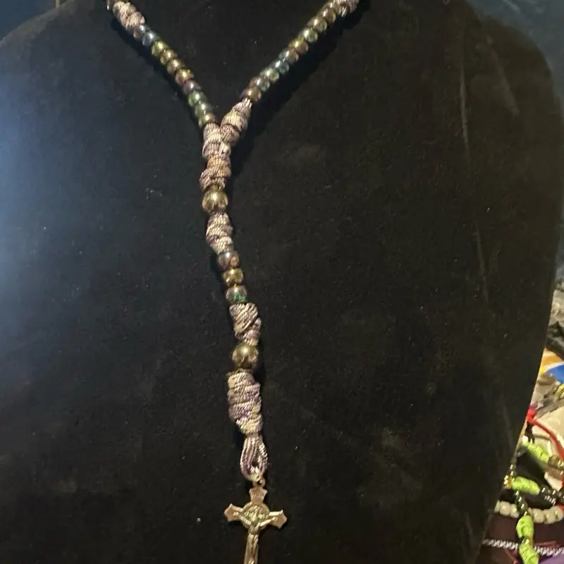 Handmade paracord 5 decade rosary blessed “The Morgan” purple camo, with iridescent black beads