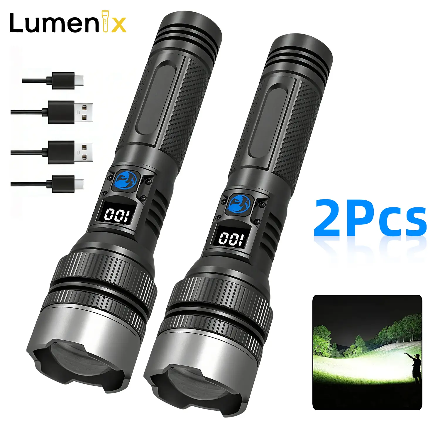 2PCS 1200 Lumen 2-in-1+Power Bank Flashlight，Digital display ofpower, Rechargeable,Zoomable,,X4Waterproof,Adjustable Brightness Flash Light for Outdoor, Emergency,Camping Accessories, Black tiktokshopsummersale