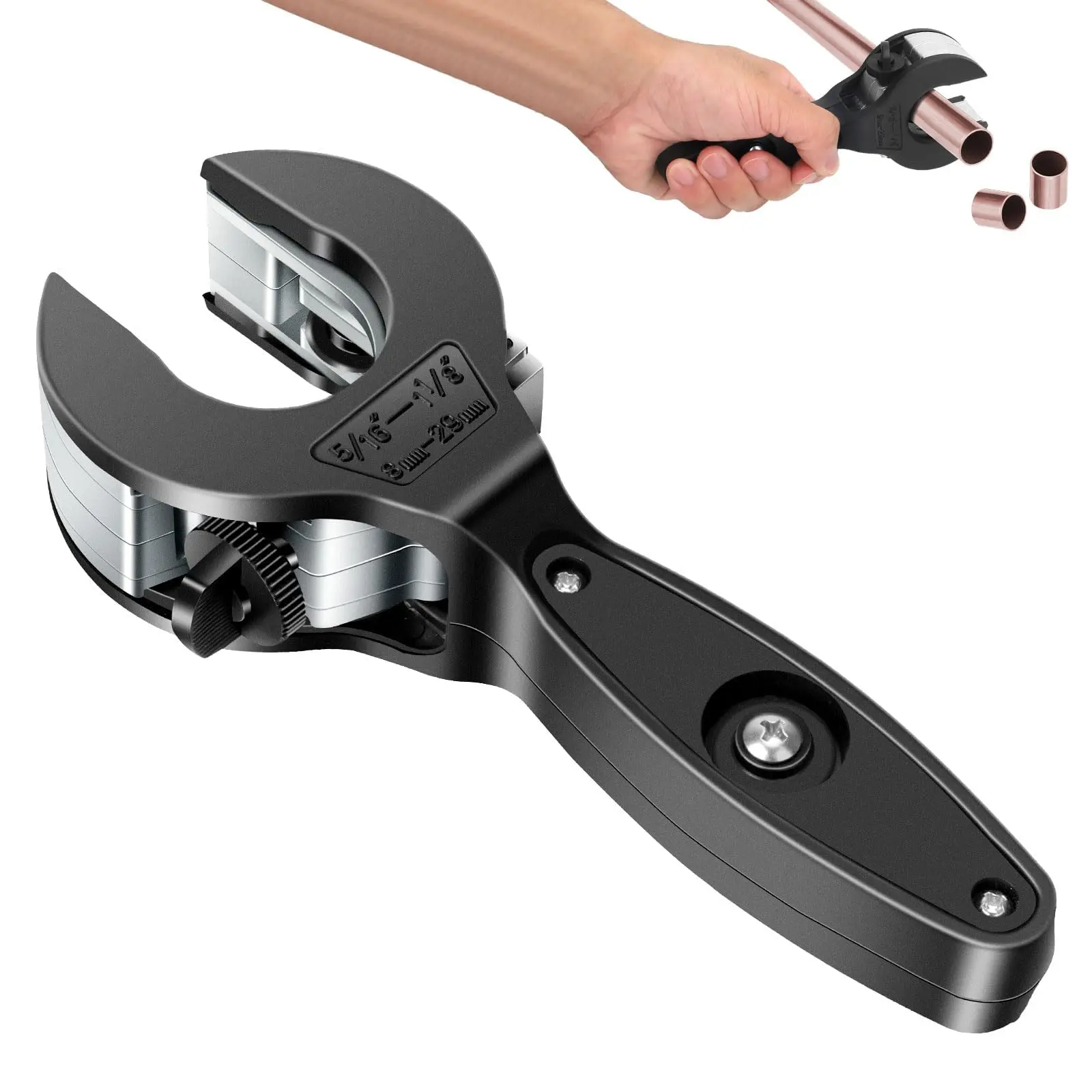 2-in-1 Ratcheting Tubing Cutter Metal Cutting Tool for Contractors & DIY Users, Adjustable Cutting Range 5/16"-1-1/8", Compact & Portable Close Quarters Cutter for Copper, PVC, PEX, Aluminum, Plastic & Fuel Lines, Compact & Portable Design