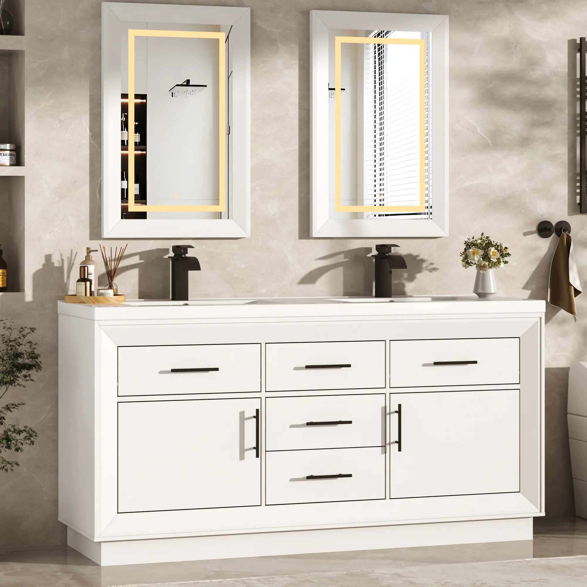 60" Bathroom Vanity w/Sink & LED Mirror & Faucet,Modern Bathroom Vanities Set w/ 3-Color Lighting, Curved Splash-Reducing Basin, Bath Vanity w/Large Storage Cabinet&Drawers,White/Rustic Brown