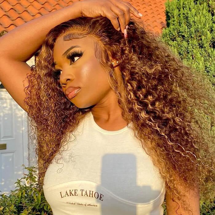 Pizazz Hair Highlight Ombre Curly Lace Front Wigs Human Hair Pre Plucked 13x5 /13x6 HD Transparent Honey Blonde Curly Human Hair Lace Frontal Wigs For Women