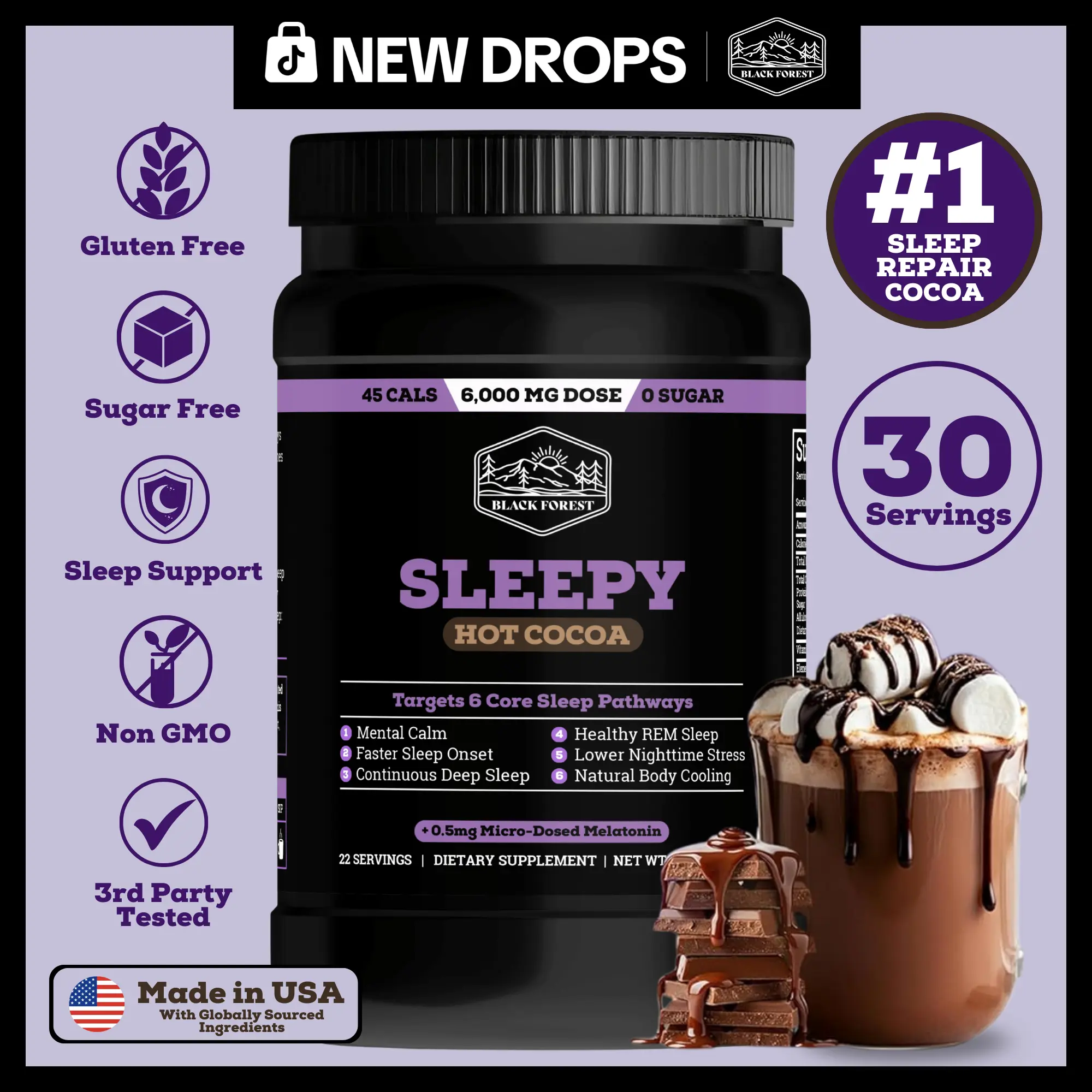 Black Forest Supplements Sleepy Hot Cocoa | Magnesium & Glycine Sleep Powder – 6,000mg Functional Blend – Supports Deep Sleep, REM, & Stress Relief, Nighttime Dark Chocolate Beverage, Micro-Dosed Melatonin Sleep Supplement