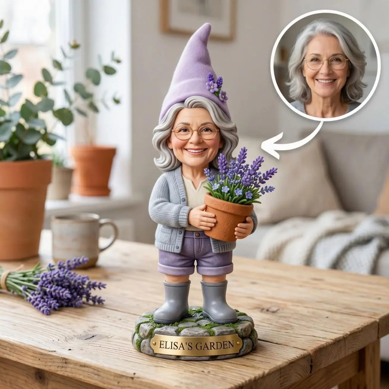 Personalized Grandma Garden Gnome 2D FLAT Wooden Block, Custom Photo Face and Name, Gardening Decor Keepsake, Unique Gift for Grandma