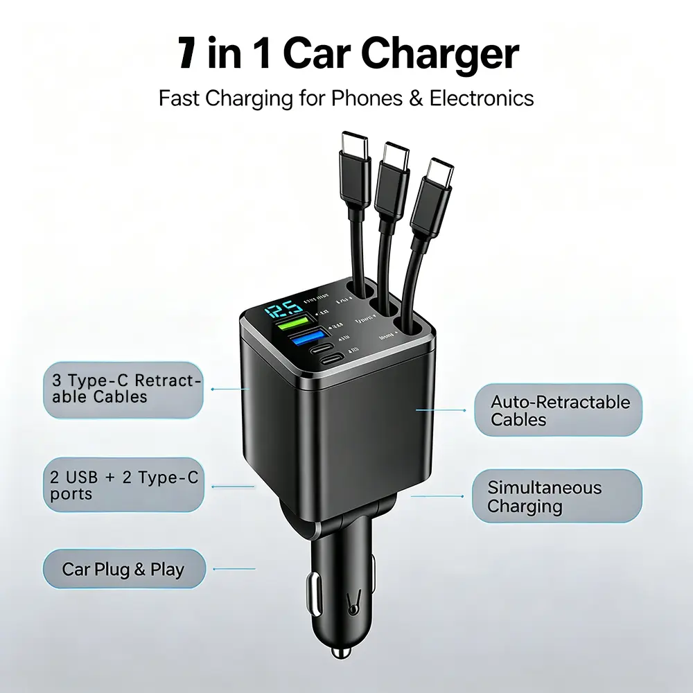 7-in-1 Fast Charge Car Phone Charger - 12-24V DC Automotive Fast Charging Solution, 3 Retractable Type-C Cables, 2 USB + 2 PD Ports, 180° Adjustable Angle, LED Smart Real-Time Digital Display, On-the-Go PD Compatibility, Multiple Ports power hub fusible