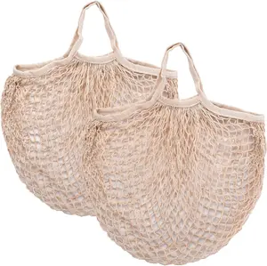 [2 pack] completely Cotton string storage shopping bags, Ecology Reusable and washable mesh grocery bag, Portable short handle net tote beige