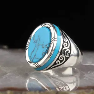 Men's silver-plated ring, European/American style, retro punk design, set with turquoise stone, suitable for dating and engagement.