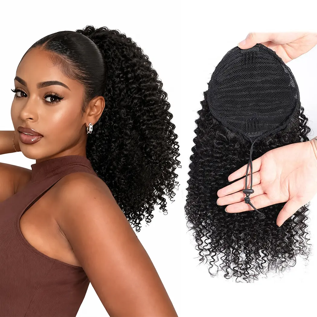 Women's 20-in Tangle-Free Japanese Fiber Drawstring Ponytail Extension, Deep Afro Kinky Curly Synthetic Hairpiece for Daily Wear (Black)