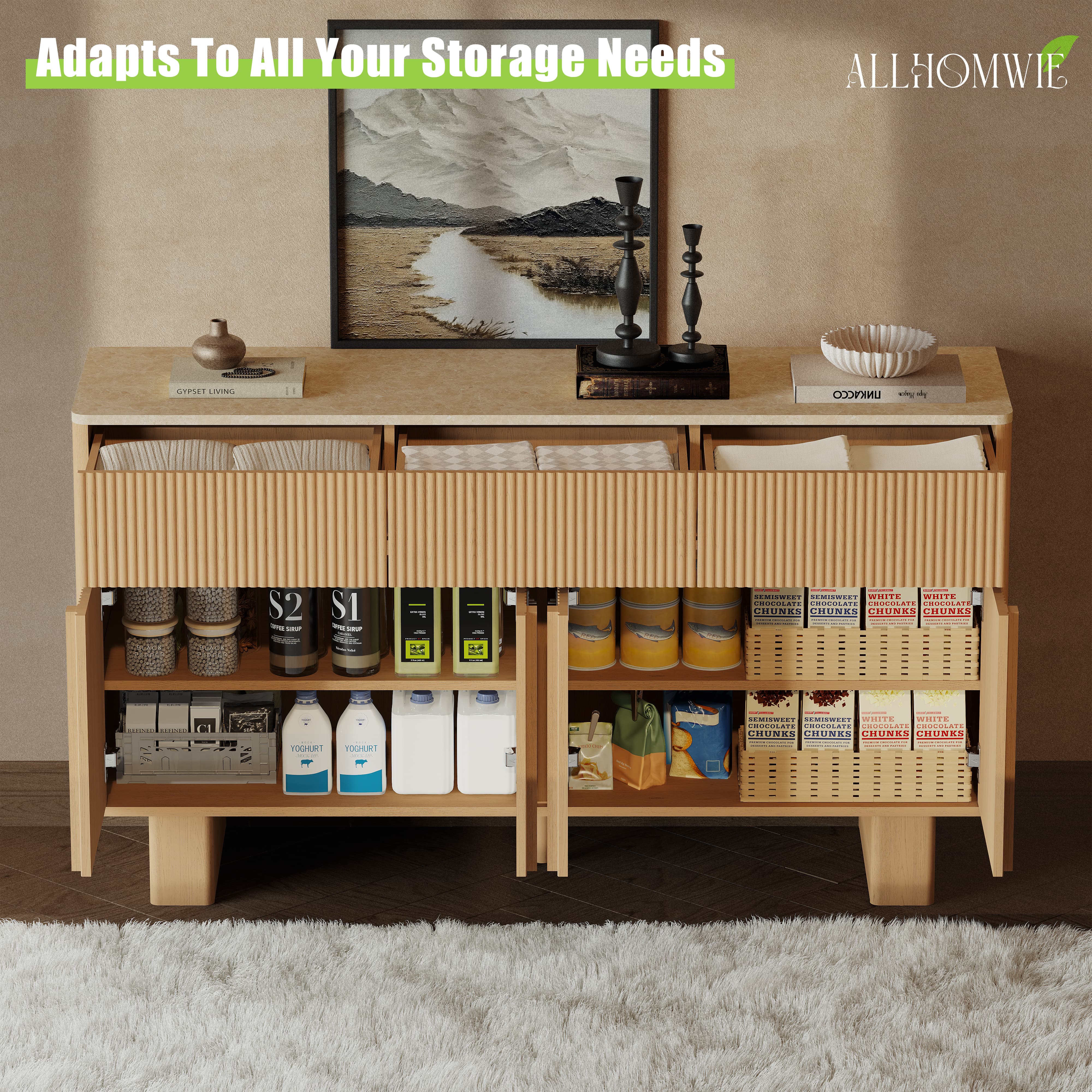 Modern Buffet Cabinet with Storage, 55" Wide Sideboard Cabinet with 3 Drawers and 4 Doors, Reinforced Wide Legs for Dining Room, Entryway & Living Room, Light Oak