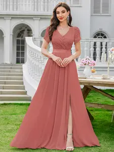 Miusol 33014 Women's Long Dress, Elegant V-Neck, Floral Petal-Sleeve/Shortsleeve, Lace-Contrast Chiffon, Split Bridesmaid Party Dress