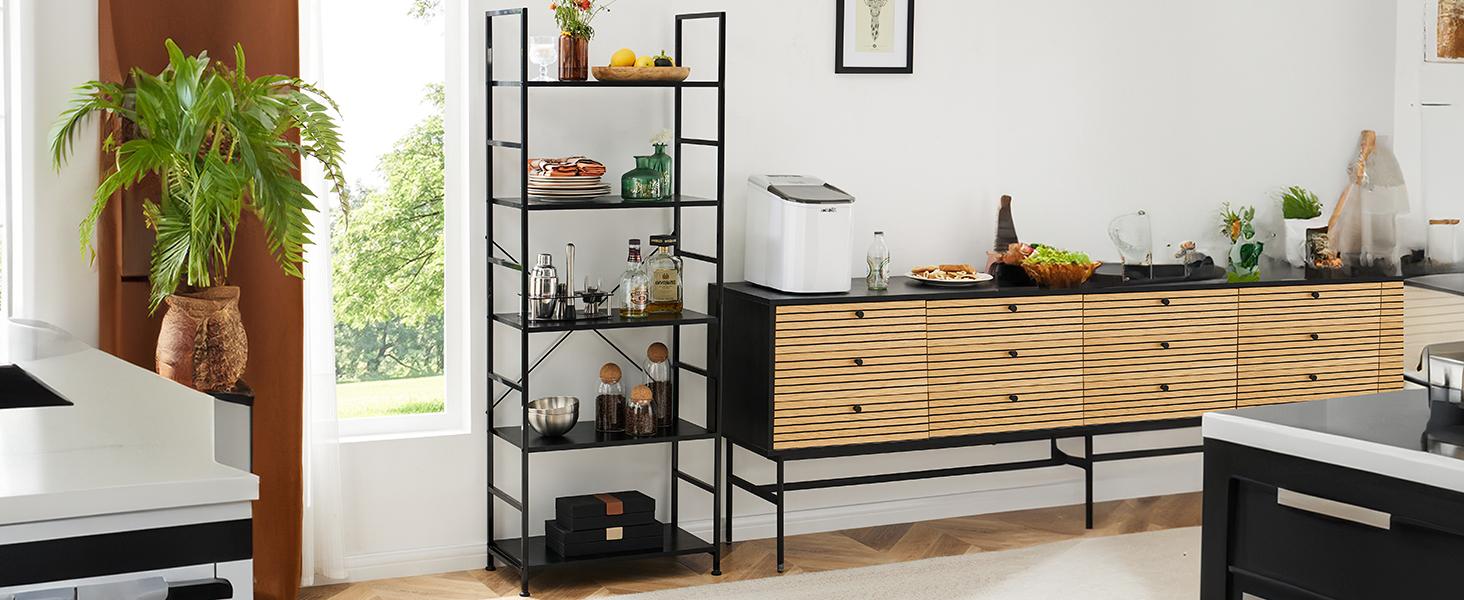 Storage Rack, 5 Tier Bookcase, Vintage Storage Rack with Open Shelves in Living Room/Home/Office, Metal Frame Display Rack Books Holder Organizer