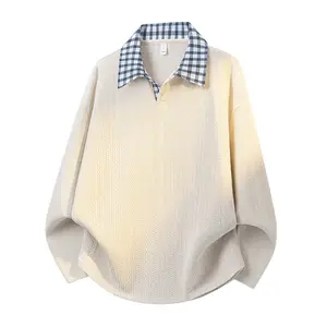 Men’s plaid patchwork two-piece polo sweatshirt set for spring/autumn, featuring a loose fit, turn-down collar, and long sleeves; retro, versatile high-street matching pullover design; men’s casual polo shirt with a soft, comfortable fabric suitable for e