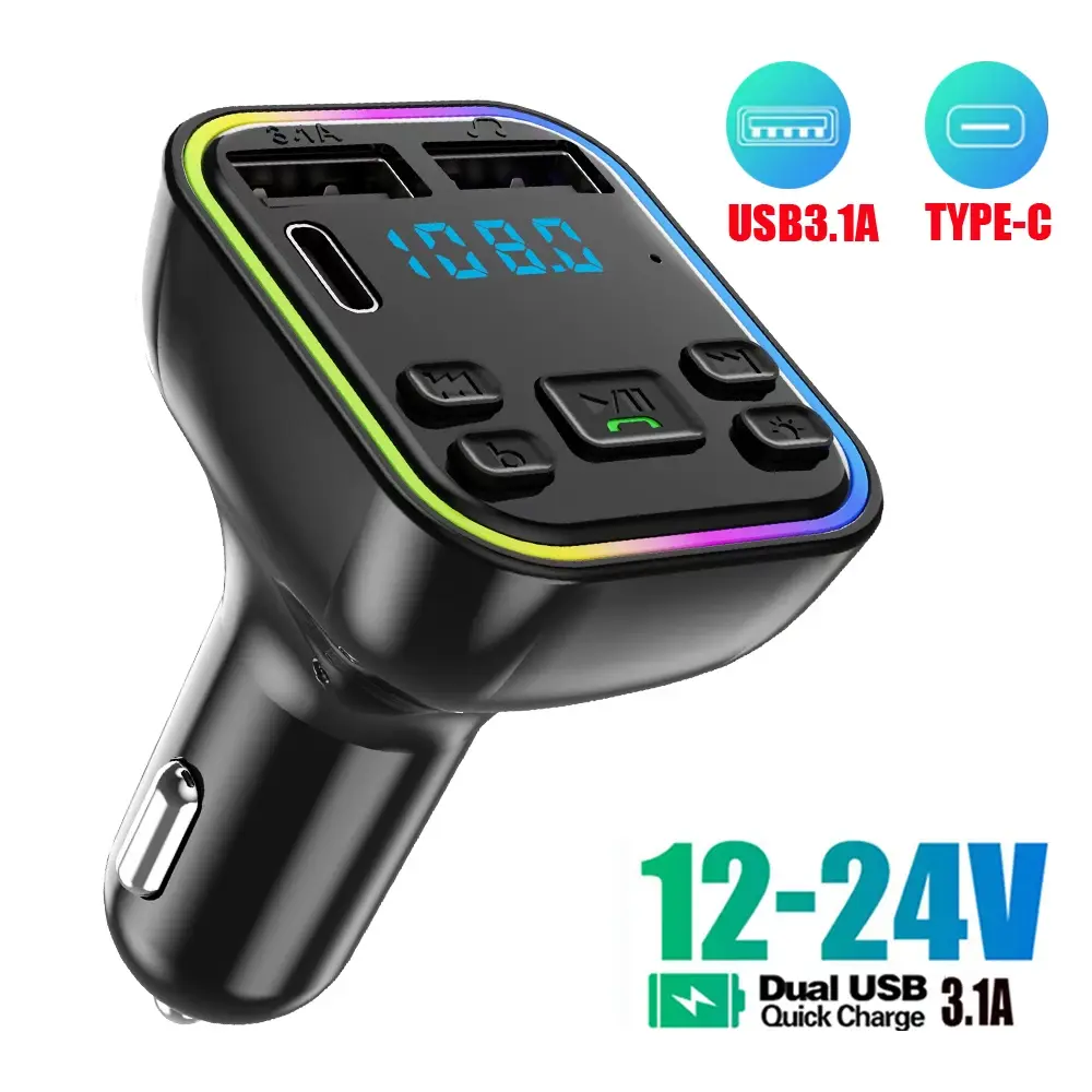 【summerfinds】Car Bluetooth 5.0 FM Transmitter PD Type-C Dual USB 3.1A Fast Charger Colorful Ambient Light Handsfree MP3 Modulator Player