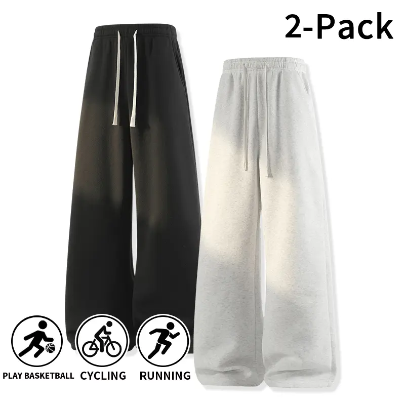 Men’s all-season wide-leg athletic sweatpants, available in a 2-pack or single pack, soft knit drawstring fitness pants, loose straight-leg casual trousers, ideal for running, cycling, and basketball street style