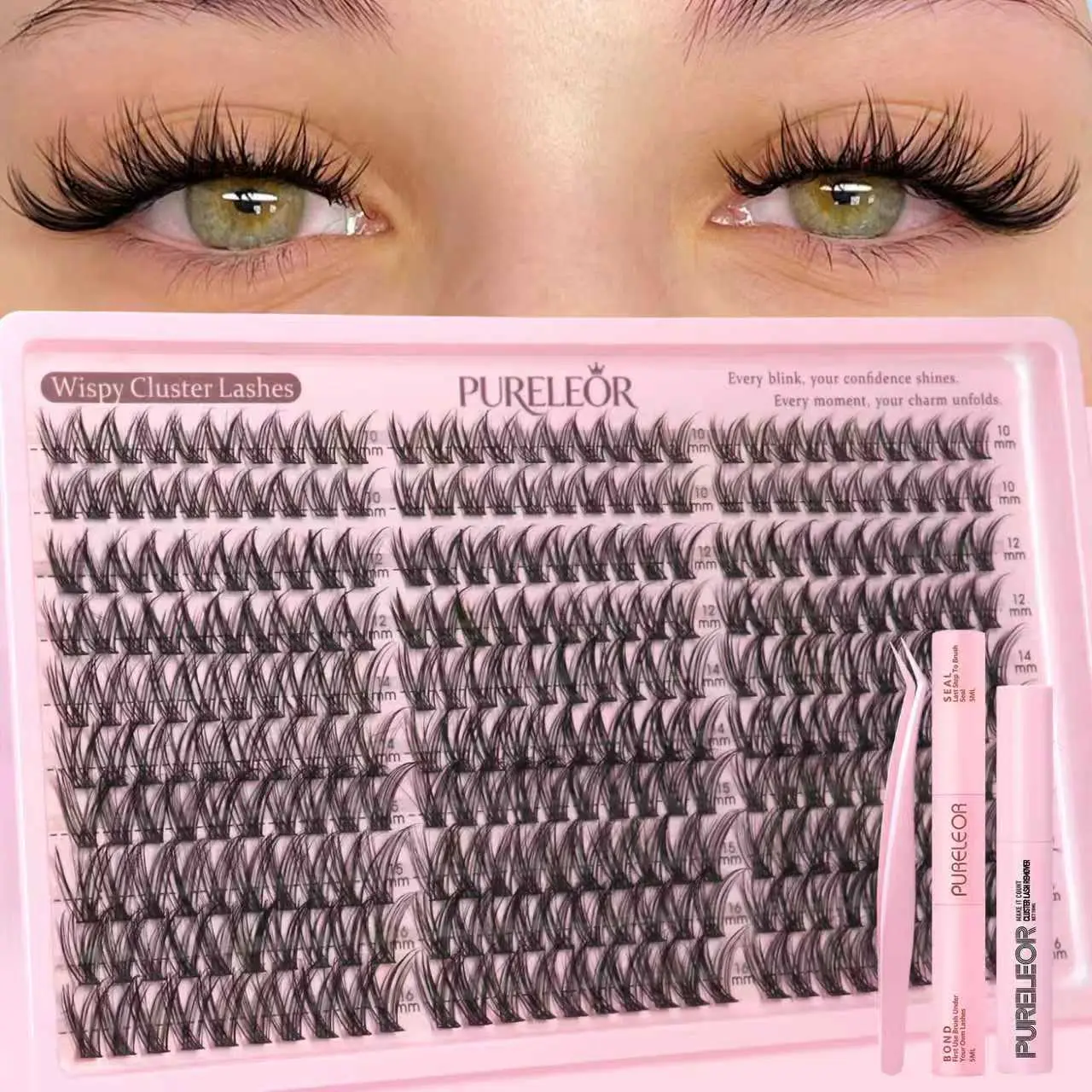 PURELEOR Lash Clusters Kit Wispy Cluster Lashes Natural DIY Eyelash Extensions 10-16mm 300pcs C Curl Individual Eyelashes Extension,back to school