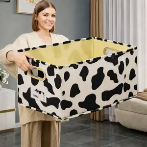 Cow Print Fabric Storage Box, 16.9" x 11.8" x 10.6", Foldable Closet Organizer Bin with Reinforced PP Board, Strong Metal Handles, Nonwoven Ionic Cotton Linen Storage Basket for Clothes, Toys, Books, Shelves Fruit Bath Decor Cushion