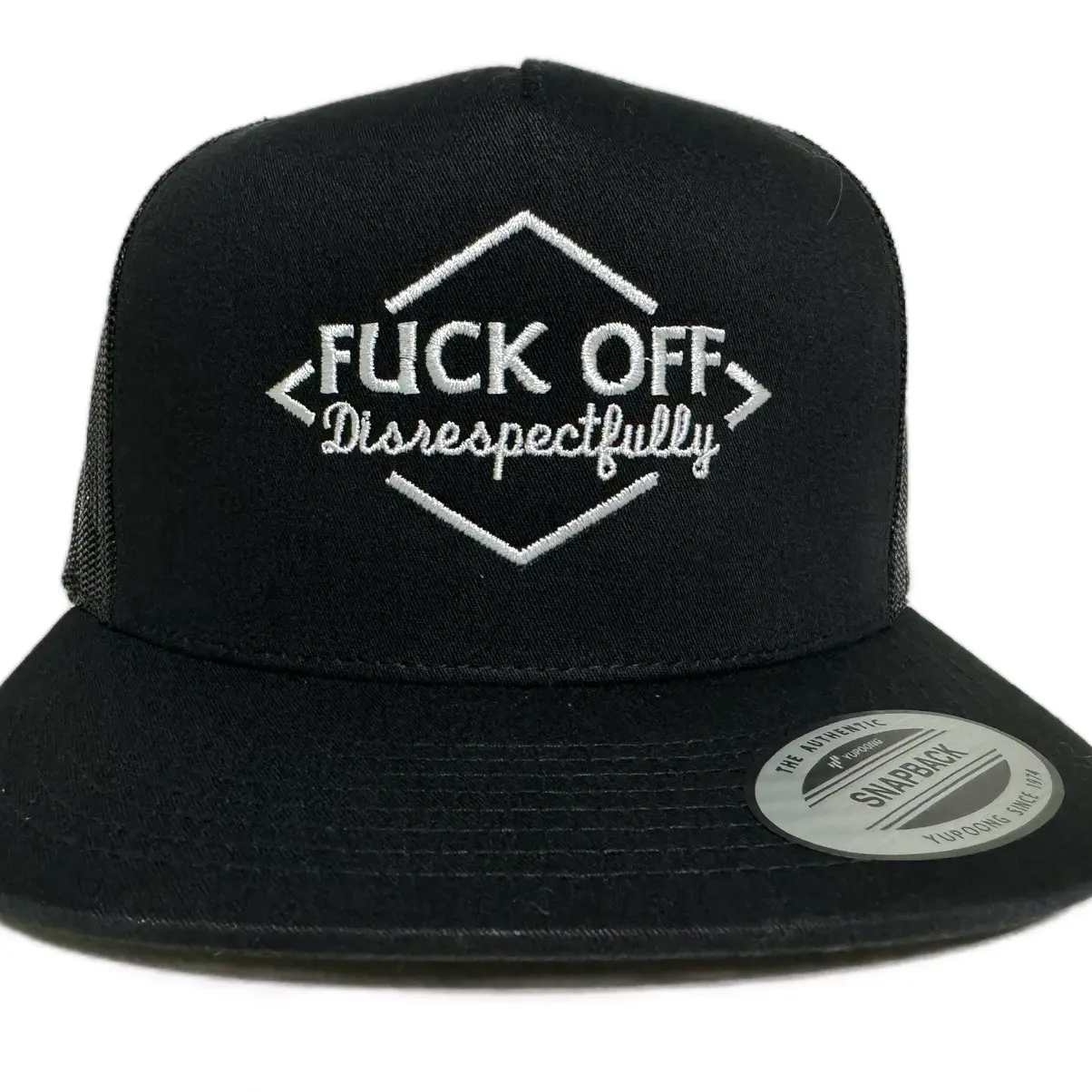 F*ck Off Disrespectfully Direct Embroidered Flat Bill Mesh-Back Trucker Hat, Mens Mesh Backing Trucker Hat, Statement Cap for Sports, Outdoor Activities, Mens Hats