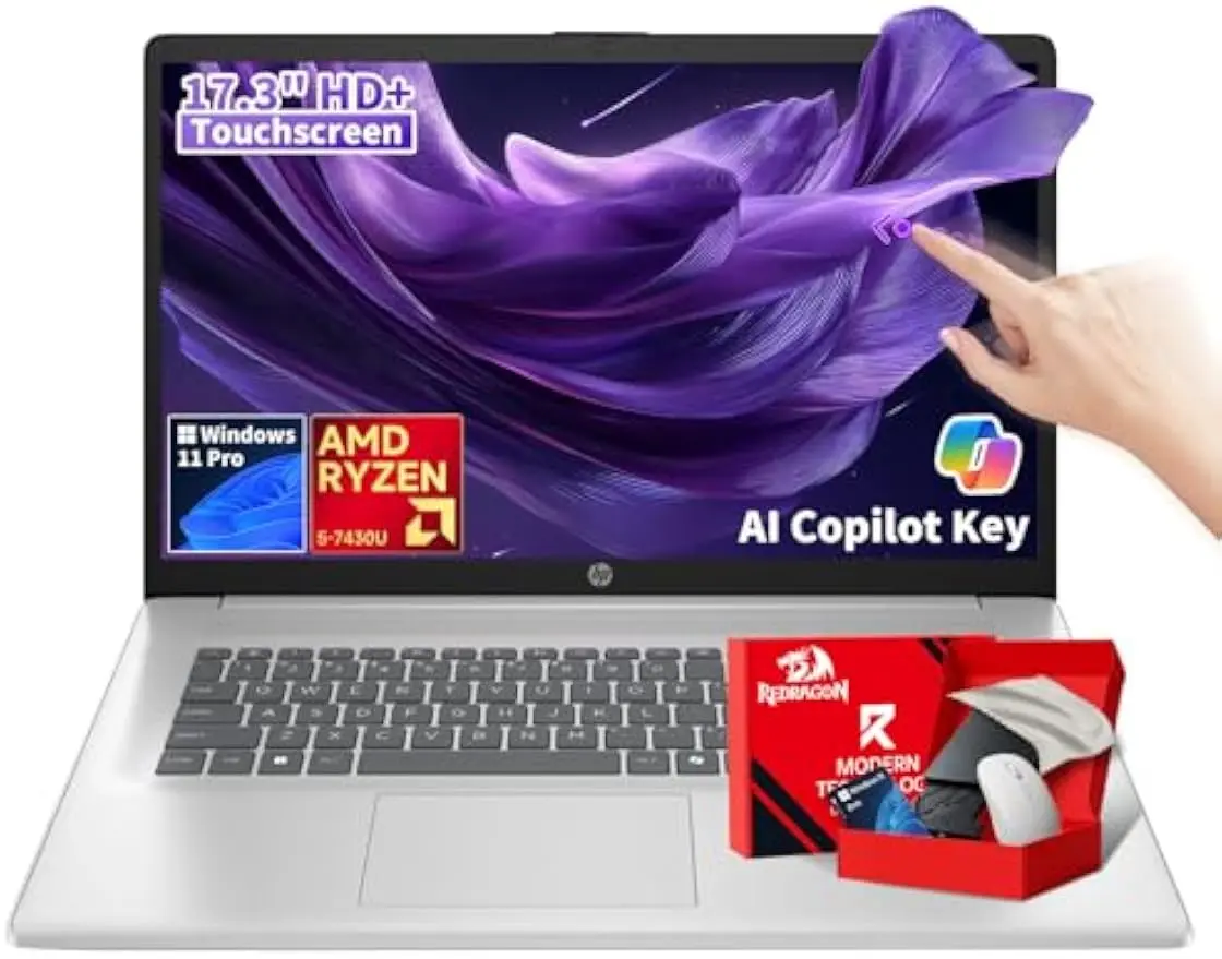 HP 17-inch Touchscreen Business Laptop - AMD Ryzen 5 7430U(4.3GHz Max) · HD+ Display · AI Copilot Key · Fast Charge · Privacy Camera · Wi-Fi 6 · Win 11 Pro · Redragon Bundle (16GB RAM | 1TB SSD)