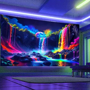 Vibrant Waterfall Rainbow Forest Nightscape Tapestry - UV Blacklight Reactive, Galaxy Nature Landscape Polyester Wall Hanging for Home Decor