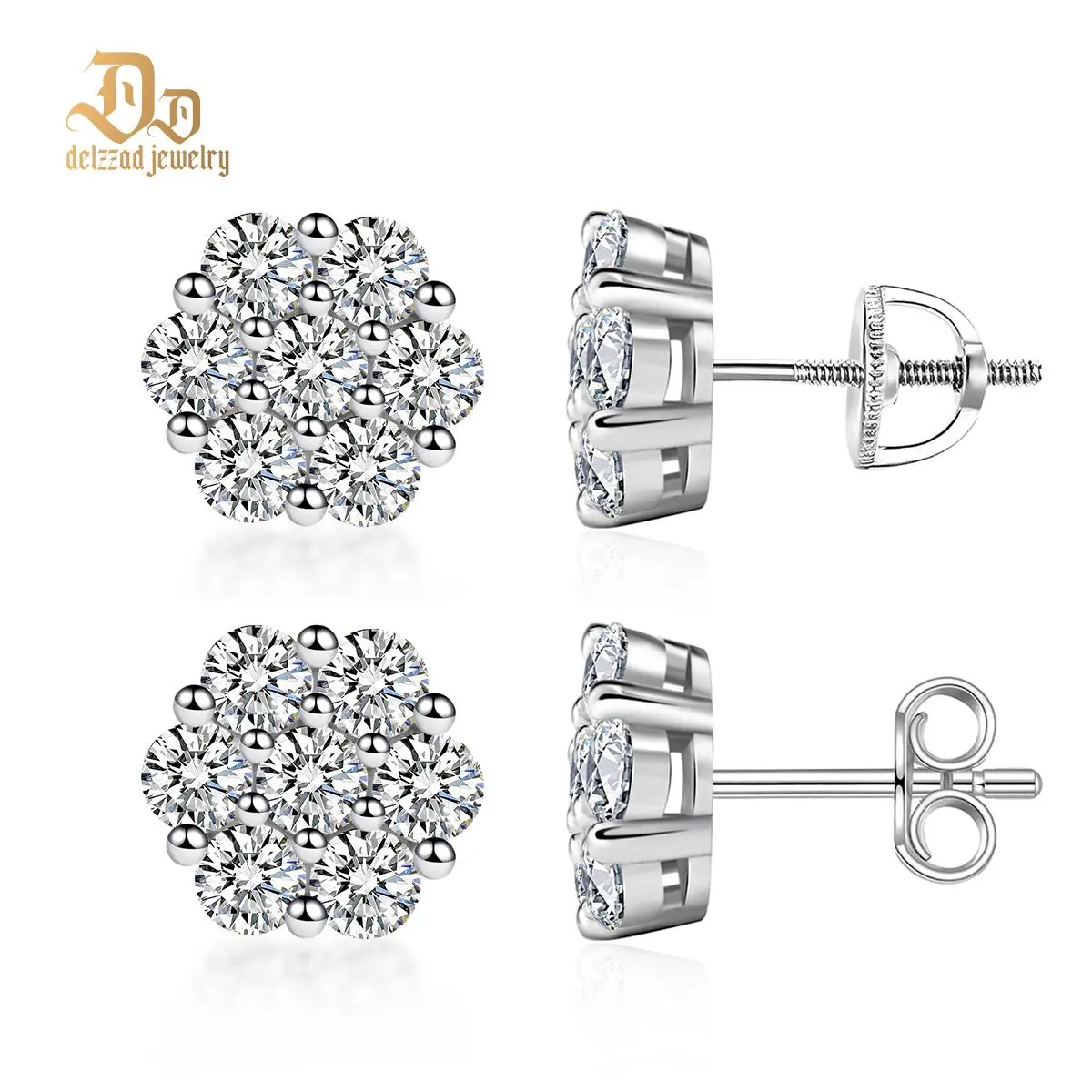 Delzzad S925 Floral Stud Earrings Flower Lab-Created Moissanite Stud Earring Screw Back/Butterfly Back Moissanite Jewelry Perfect Birthday Mother’s Day Unisex Christmas Gift for Men Women Wedding Set