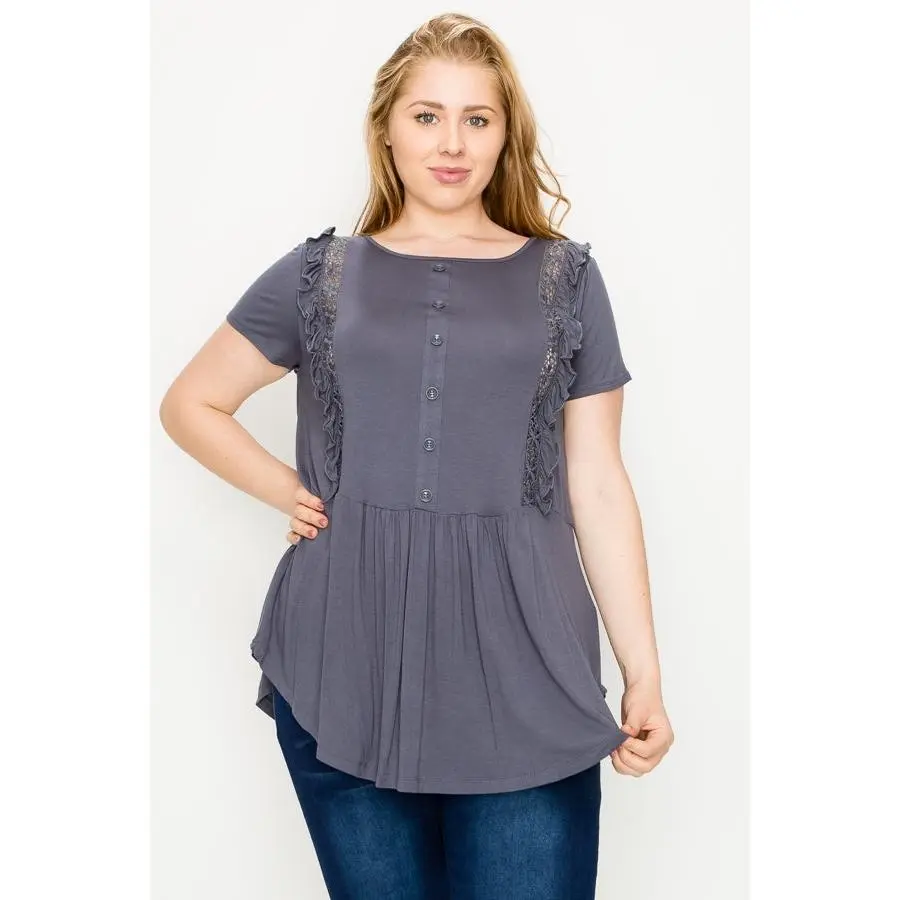 Plus size Crochet Ruffled top 80725X-Charcoal