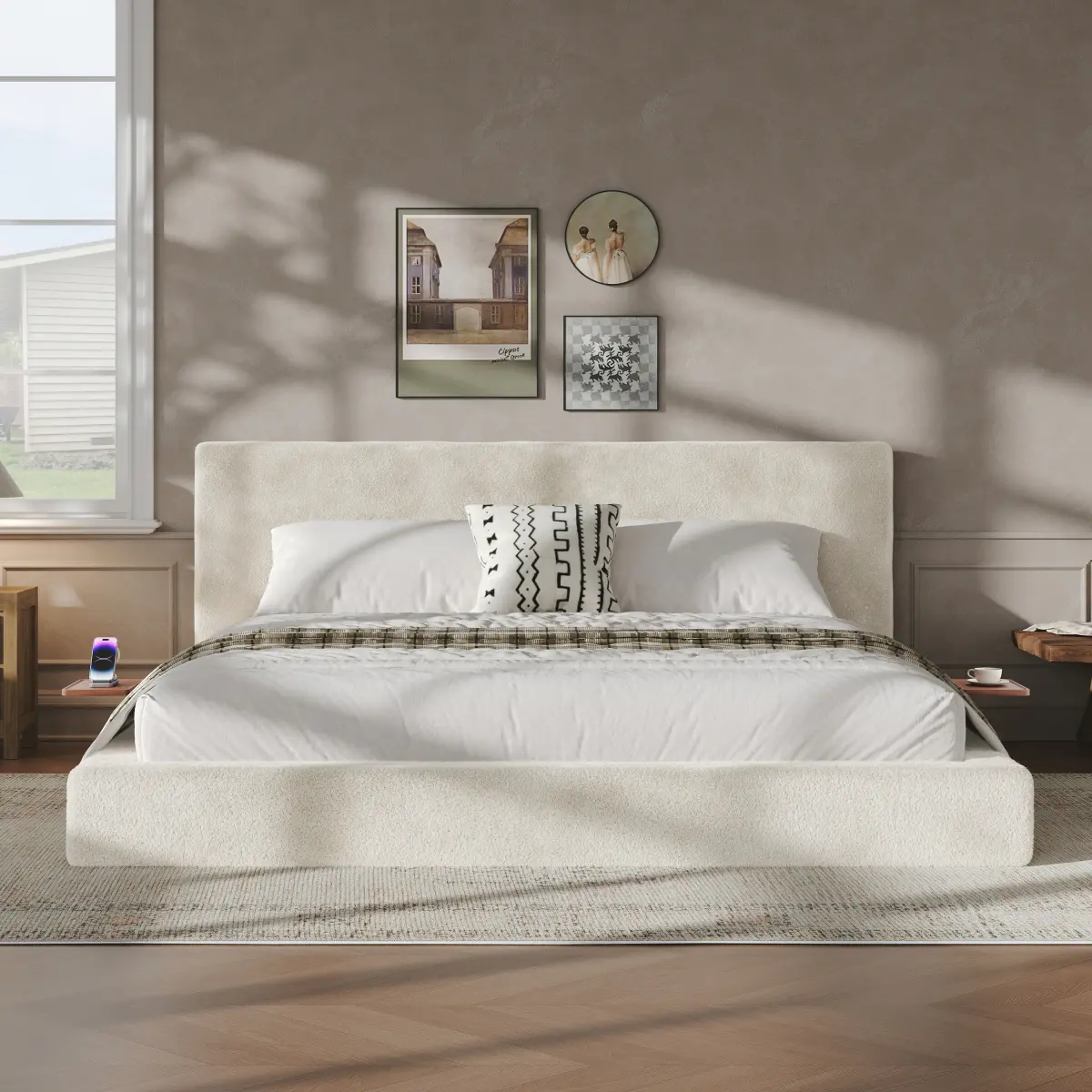 AirFrame King Size Upholstered Platform Bed with Adjustable Sliding Side Table – 8.7'' Cloud Foam Cushioned Headboard, Sturdy Metal Frame, No Box Spring Needed, Quick Assembly