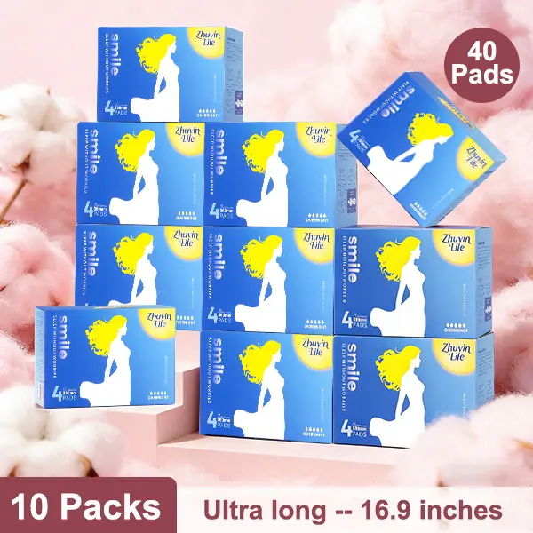 Zhuyinlife Organic Cotton Menstrual Pads 40ct | 10 Packs, 14 Inch Extra Long Overnight, 8HR Odor Control, Leakproof, Super Absorbent Unscented, Heavy Flow Night Use