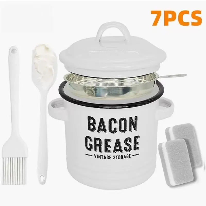 46oz Rustic Filter-Type Enamel Bacon Grease Container with Handle, Fine Mesh Strainer, Food-Grade Spatula, Dishwasher-Safe Fat Keeper for Cook, Steel Colander Kitchen Accessories, Rustic Enamel Jar Keeps Fat Handy