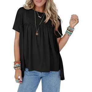 Cicy Bell Womens Summer Babydoll Tunic Tops Pleated Short Sleeve Crew Neck Peplum T Shirts Casual Loose Fit Outfits