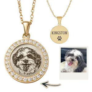 Pet Photo Necklace 18k Gold Round Pendant with Photo and Name