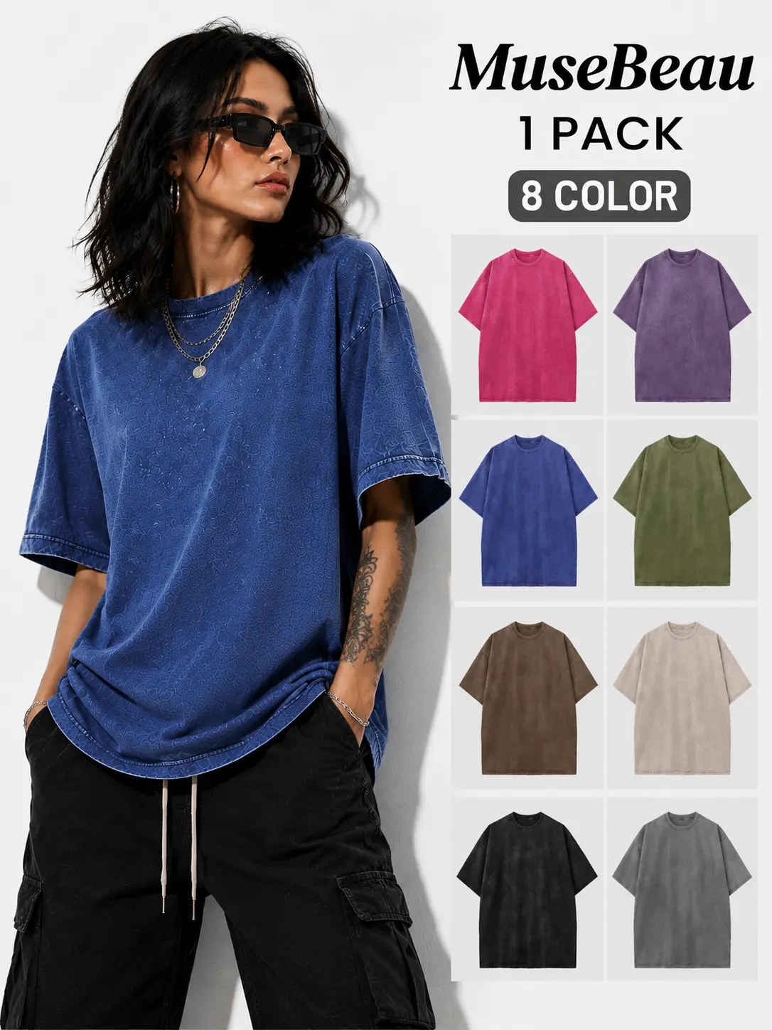 MUSEBEAU 1 Pack Men And Women's Acid Wash Unisex Oversized Cotton T-Shirt 240g Heavyweight Crew Neck Half Short Sleeve Summer Top 100% Cotton Casual Loose Fit Solid Gym Workout Streetwear Comfortable Tees Basic Womenswear Shortsleeve Tshirt Aesthetic