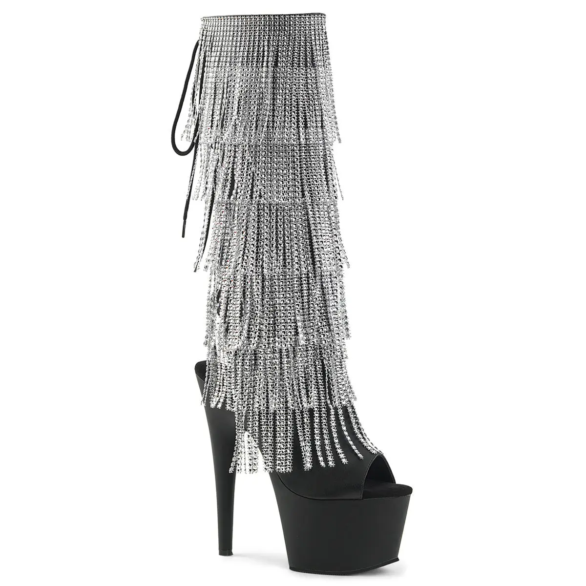 Pleaser Adore-2024RSF Women's Lace-Up Knee-High Boots | Black Vegan Leather Open Toe 7" Stiletto Heel with Rhinestone Fringe, Black Vegan Leather/Black