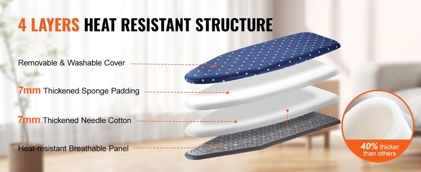 VEVOR Ironing Board with Bottom Storage Tray, Thickened 4 Layers Iron Board with Heat Resistant Cover and 100% Cotton Cover, 10 Adjustable Heights Ironing Board for Home Laundry Room Use (Size 55x15)
