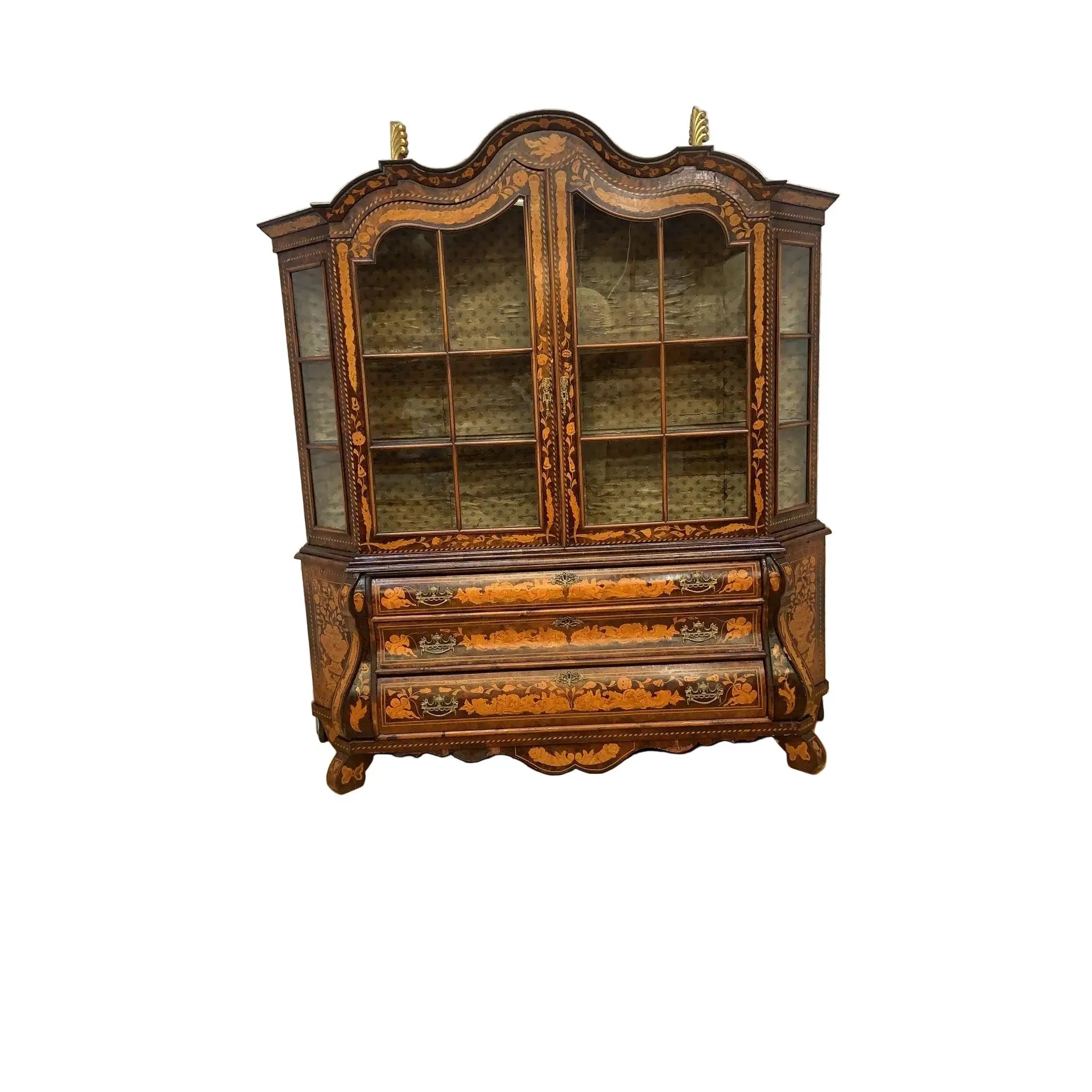 Antique Dutch Marquetry Vitrine Cabinet/Display Hutch