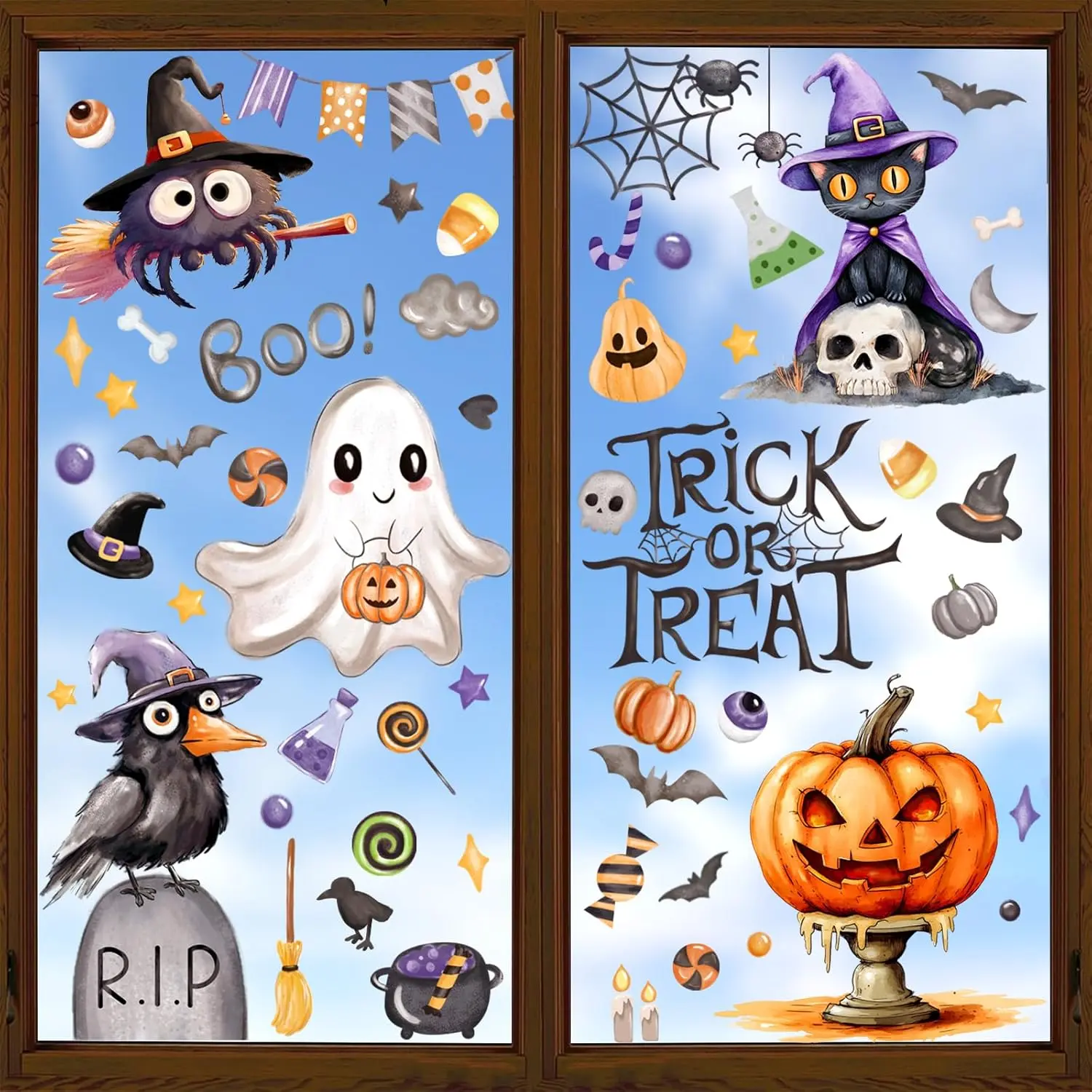 Halloween Ghost Window Cling Stickers - 6 Sheets Durable Waterproof PVC Decals, Advanced Printing, 11.8x8.9x0.2in Flat Figure Decor, for Glass, Halloween Bright House & Trick or Treat Party Ornaments, Indoor-Outdoor Use