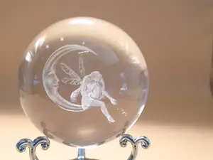 60mm 3D Laser Engraved Moon & Fairy Crystal Ball with Metal Stand - Fantasy Decor Sphere Paperweight