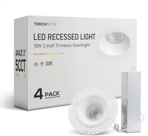 TORCHSTAR LED 3 Inch 15W 5CCT Recessed Lights with J-Box, Receessed Ceiling Light, Round Trimless Downlight, Dimmable, 2700-5000K Selectable (4 Pack)