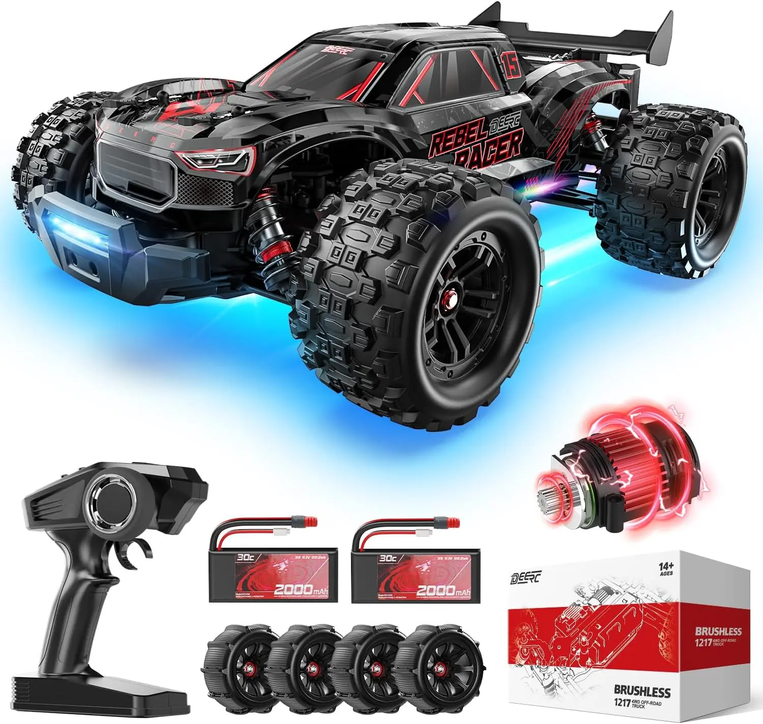 DEERC Fast Brushless Remote Control Truck, 1/14 4WD Offroad RC Cars with Aluminum Parts, 50+ MPH Waterproof All-Terrain Truggy, Adjustable Oil-Filled Shocks, Wheelie Bar, 2X 3S LiPo Batteries (5% Higher Energy Density), Adult Gifts, Boy Gifts