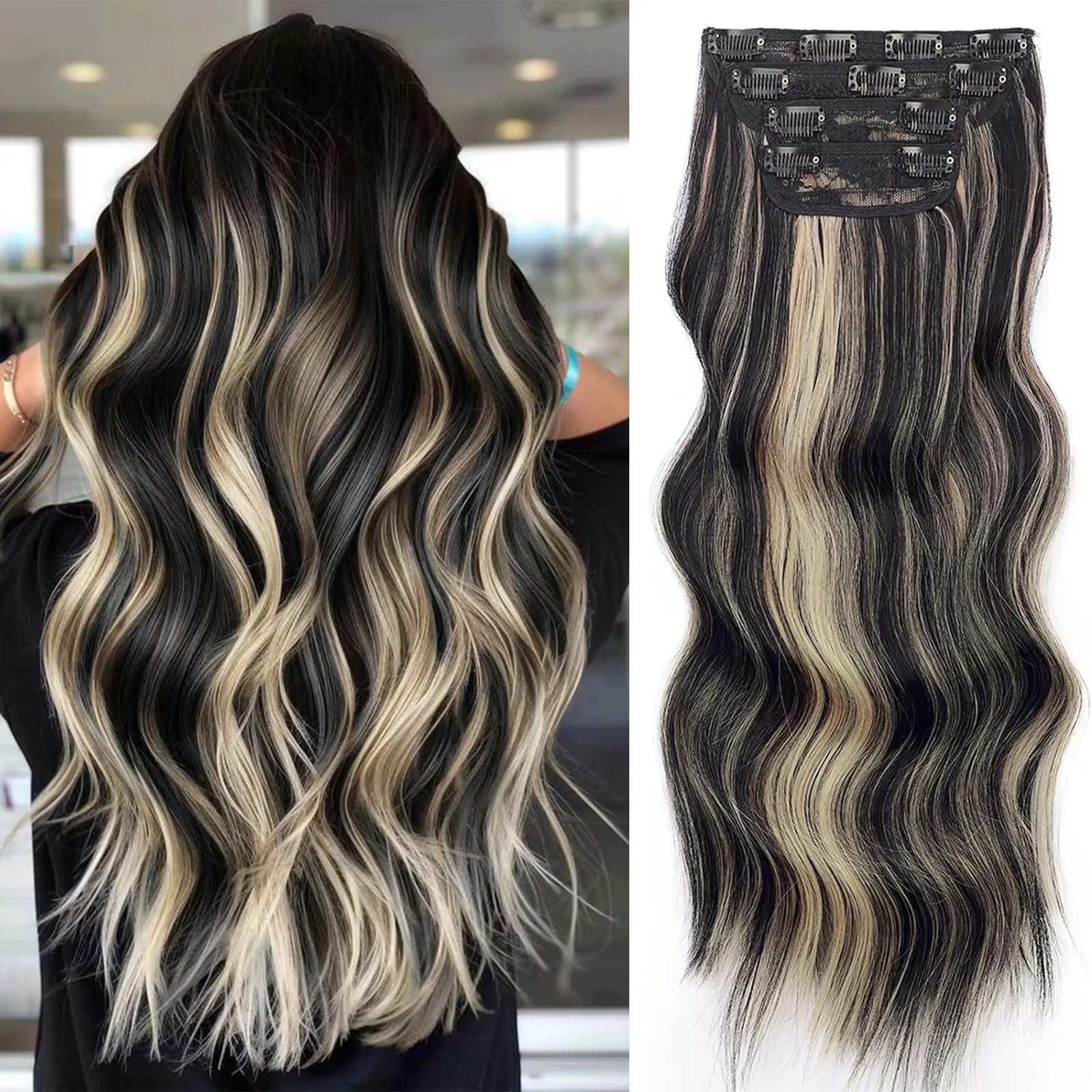 AliLeader Clip in Hair Extensions, Long Wavy Synthetic Hairpieces for Women, Easy to Wear for Instant Length, Quick Hair Extension for Daily & Party Styling, Synthetic Fiber Extensions
