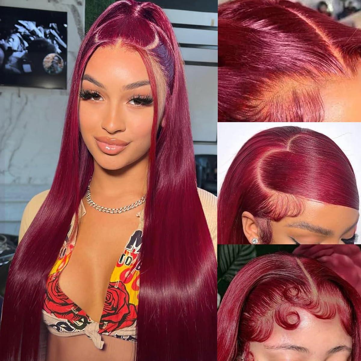 99J Burgundy 13x6 Hd Transparent Lace Frontal Wig Pre plucked Straight /Body Wave Lace Front Wigs Human Hair For Women 180% Density