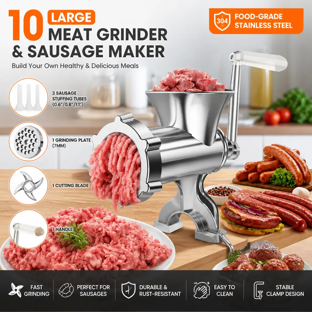 #10 Heavy Duty Solid Metal 304 SS Hand Operated Meat Grinder & Sausage Maker - 5 Detachable Parts (1 Grinding Plate,1 Handle,3 Stuffing Tubes,Kubbe,Blade), Stable Clamp Design, Grind Bones Too, Compact Space-Saving, Easy to Clean for Home/Camping Kitchen,