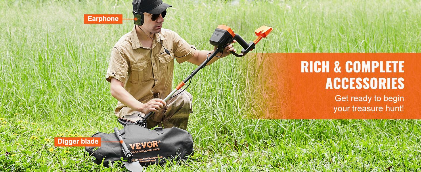 VEVOR Waterproof Metal Detector, 12" Coil, Professional Rechargeable Gold Detector, 39-50 in Adjustable with LCD 7 Modes Advanced DSP Chip Bluetooth Headset, IP68 for Detecting Gold Treasure Hunting