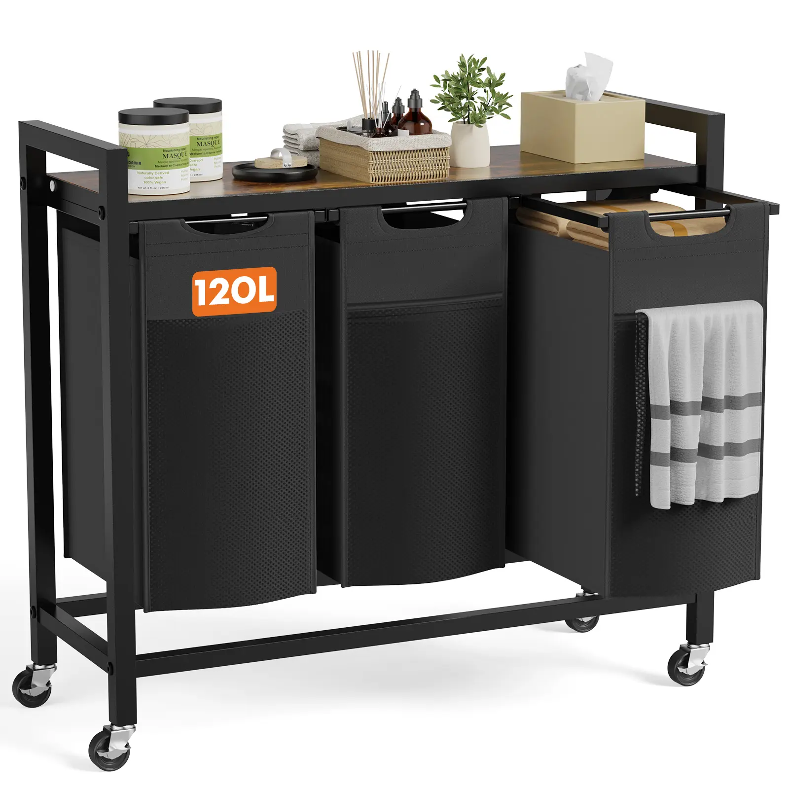 Laundry Hamper, Laundry Sorter with Shelf, Clothes Basket Organizer with 2 Pull-Out and Removable Bags, Movable Wheels for Laundry Room Bathroom Bedroom, 2 × 11.2 Gal (85L), Metal Frame, Black