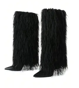 Black Luxe Faux Fur Boot Heels – Plush Knee-High Faux Fur, Sleek Stiletto Heel, Soft Interior, Slip-On Comfort, Perfect for Parties & Night Out Women’s Footwear