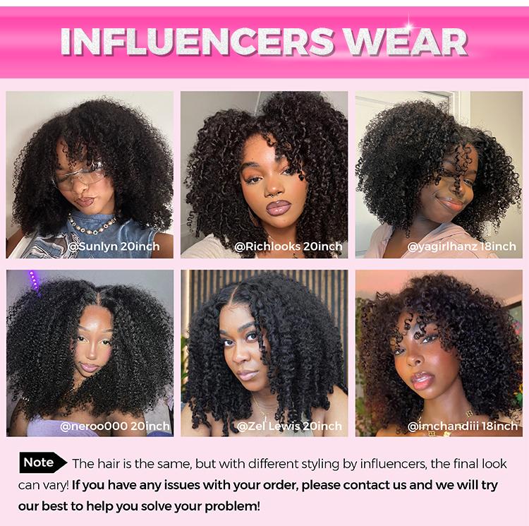 CurlyMe Wear Go Glueless Afro Kinky Curly Human Hair Wig Pre Bleached Tiny Knots Pre Cut 7X5 HD Lace Front Wig Pre Plucked Natural Hairline Beginner Friendly - Natural Black