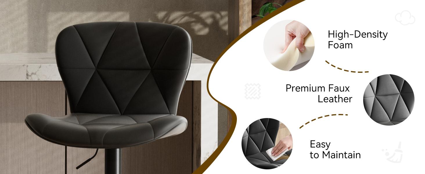 Modern Bar Stools, Adjustable Faux Leather Upholstered Swivel Bar Stools, Counter Height Bar Chairs with Back for Kitchen Island, Black