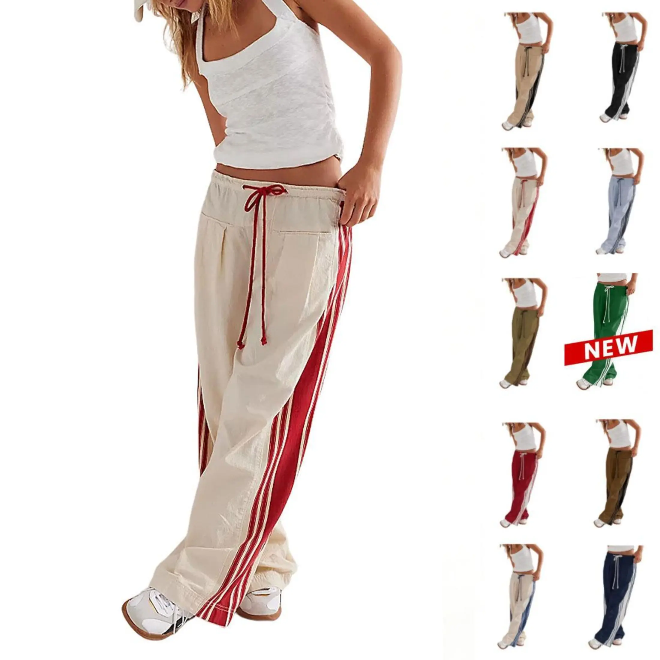 JovenPara Women's High-Rise Wide Leg Track Pants - Lady's Fitted Drawstring Side-Striped Slouchy Palazzo Pants with Pockets, Casual Streetwear Bottoms