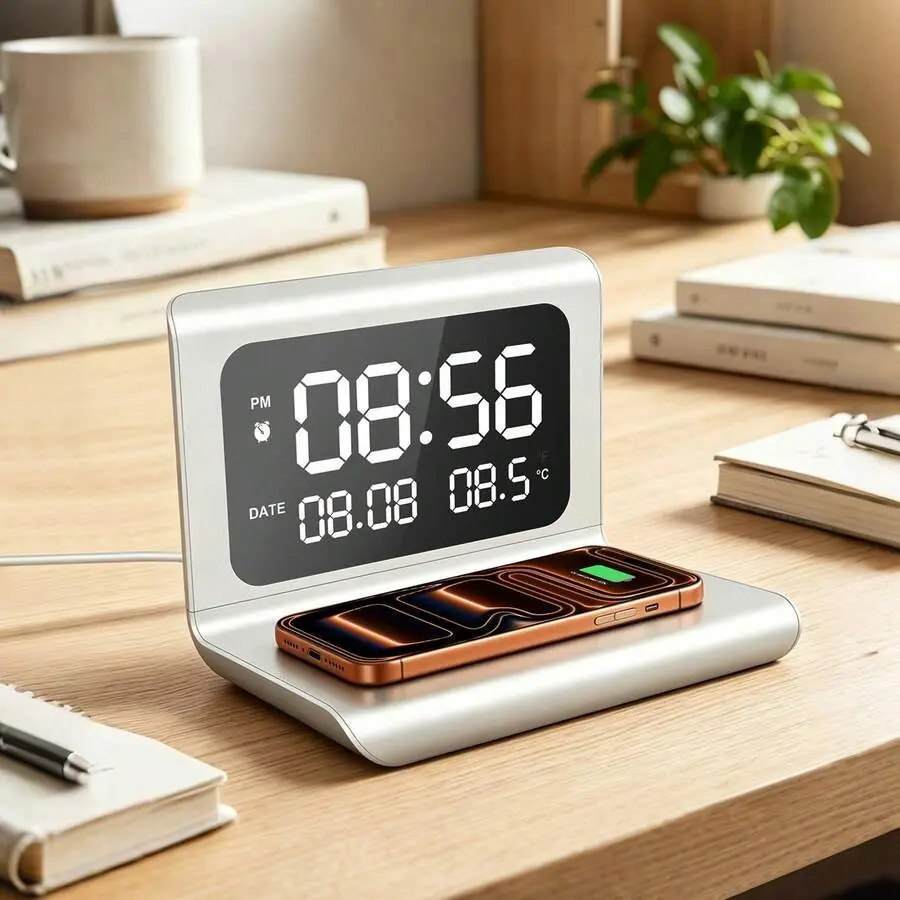 Multifunctional Digital Alarm Clock with Temperature Display, Wireless Charger Stand & Plug - Multi-Voltage Quickcharge Station (12V/2A;9V/2A;5V/2A) for iPhone Lightning, Samsung Mobile Devices - Bedroom, Office Use