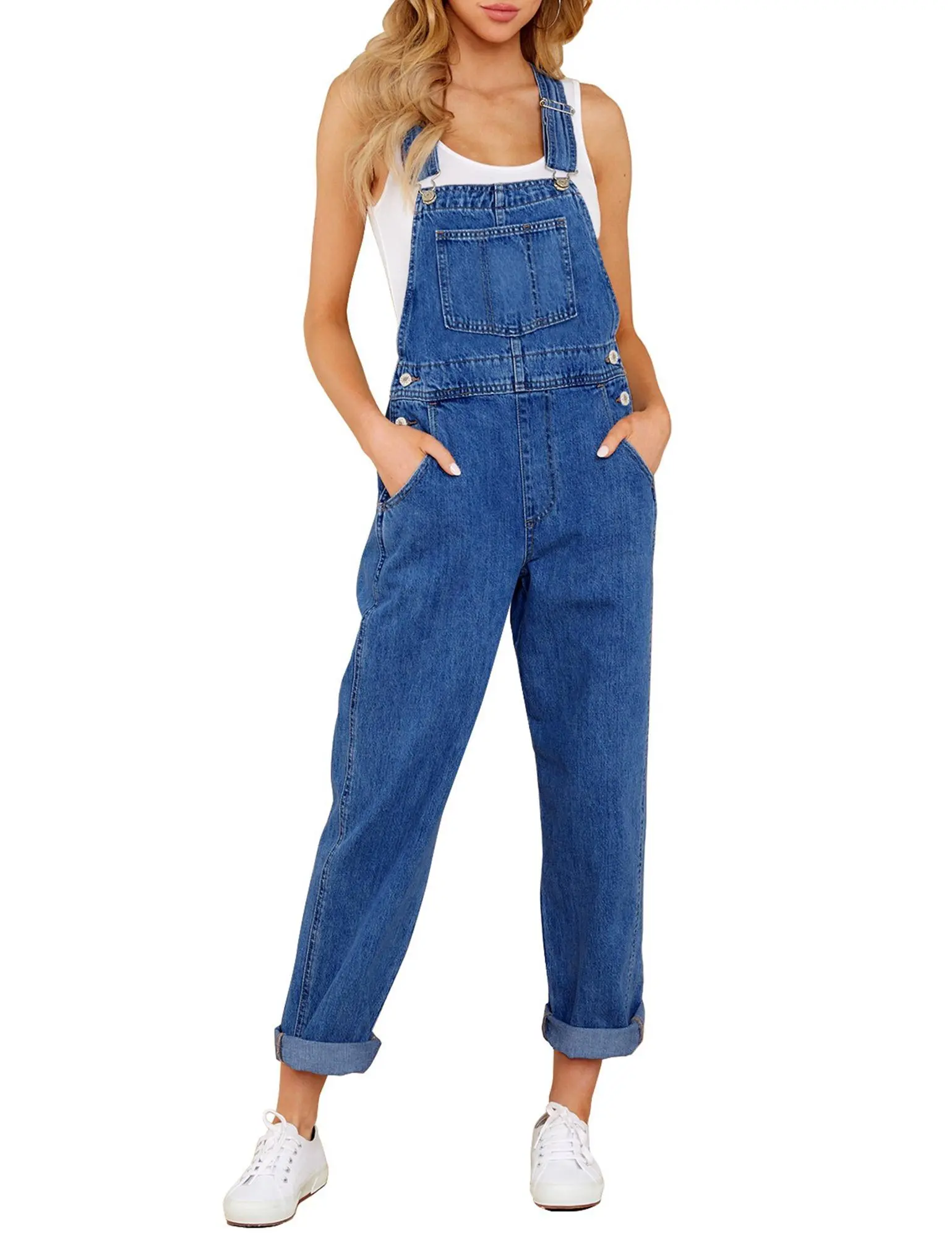 GRAPENT Women's Denim Bib Overall Jeans Pants - Plain Elastane Stretch Fabric Jumpsuit, Adjustable Straps, Side Pockets, Bib Pockets, Buttons, Ankle-Length Loose-Fit, All-Season Casual Evergreen Party Wear