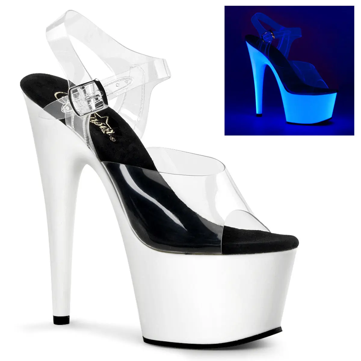 Pleaser Adore-708UV Women's Transparent Ankle Strap Platform High Heels, 7" Stiletto Heel, UV Reactive Statement Shoes